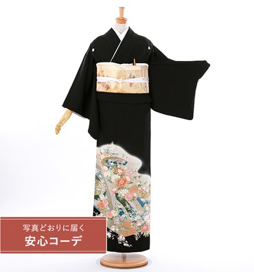【写真どおりに届く安心コーデ】黒留袖レンタル　黒留袖Lサイズ　扇面と熨斗　五つ紋：桔梗