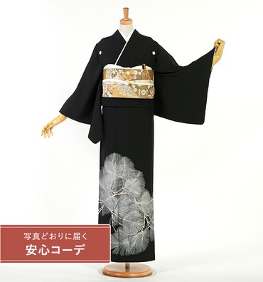 【写真どおりに届く安心コーデ】黒留袖レンタル　黒留袖Lサイズ　刺繍：松　五つ紋：桔梗