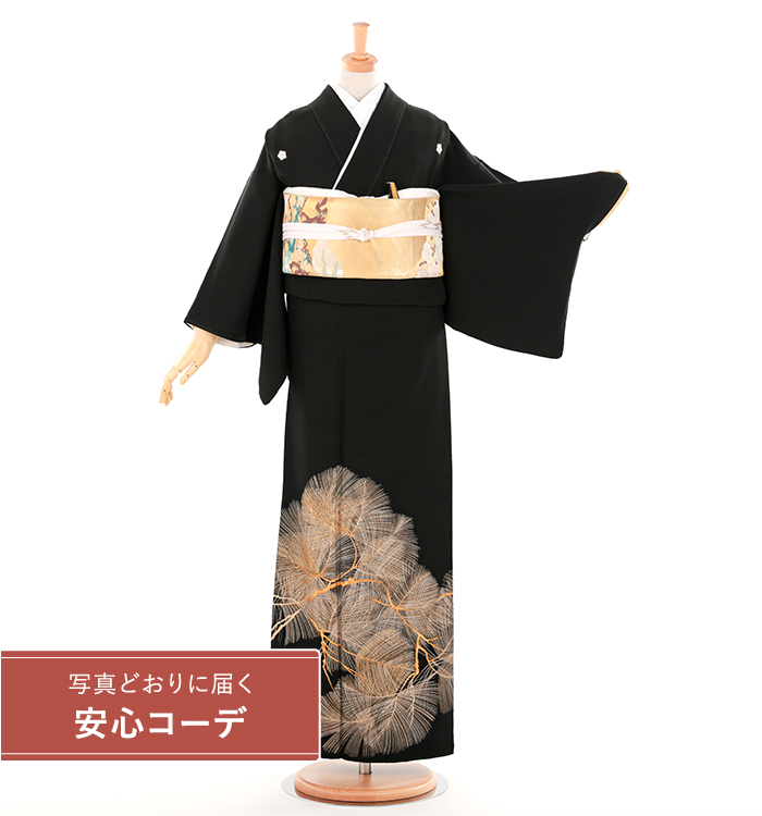 【写真どおりに届く安心コーデ】黒留袖レンタル　黒留袖Lサイズ　刺繍：松　五つ紋：桔梗