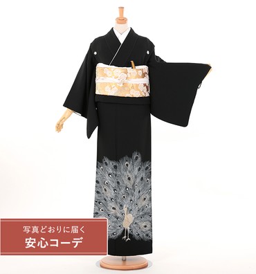 【写真どおりに届く安心コーデ】黒留袖レンタル　黒留袖Lサイズ　刺繍：孔雀　五つ紋：桔梗