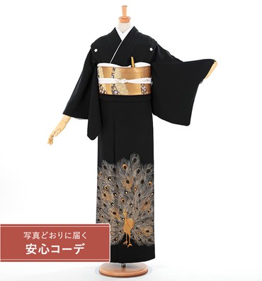 【写真どおりに届く安心コーデ】黒留袖レンタル　黒留袖Mサイズ　刺繍：孔雀　五つ紋：桔梗