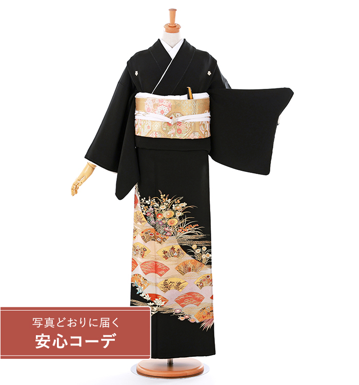 【写真どおりに届く安心コーデ】黒留袖レンタル　黒留袖LLサイズ　京友禅：扇面画に四季花　五つ紋：桔梗