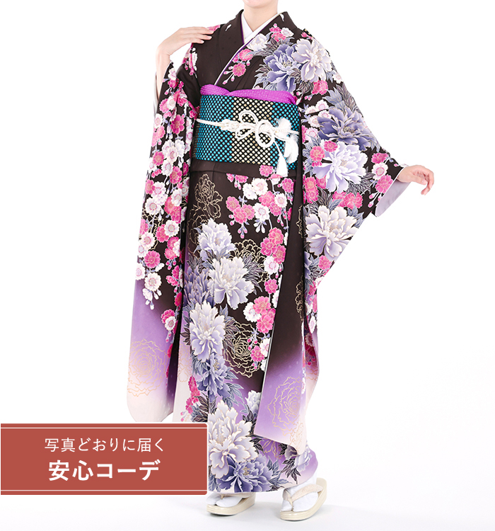 【写真どおりに届く安心コーデ】振袖レンタル　振袖LLサイズ　ブランド：Luxjewel　牡丹と桜　濃茶