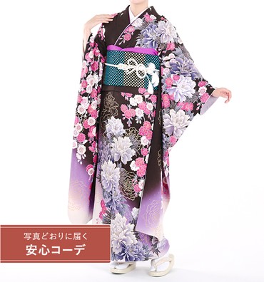 【写真どおりに届く安心コーデ】振袖レンタル　振袖LLサイズ　ブランド：Luxjewel　牡丹と桜　濃茶
