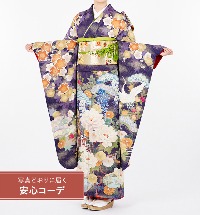 【写真どおりに届く安心コーデ】振袖レンタル　振袖LLサイズ　豪華牡丹鶴文様　紫