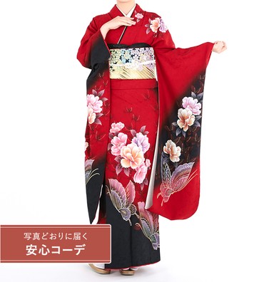 【写真どおりに届く安心コーデ】振袖レンタル　振袖LLサイズ　薔薇に蝶　赤