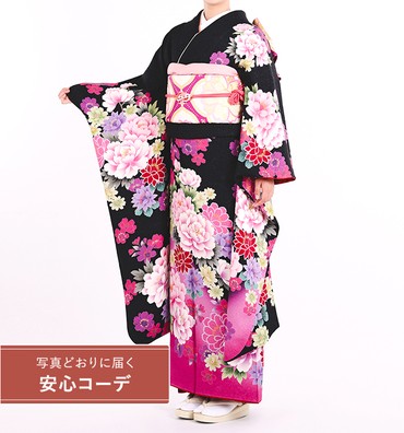 【写真どおりに届く安心コーデ】振袖レンタル　振袖LLサイズ　百花牡丹　黒