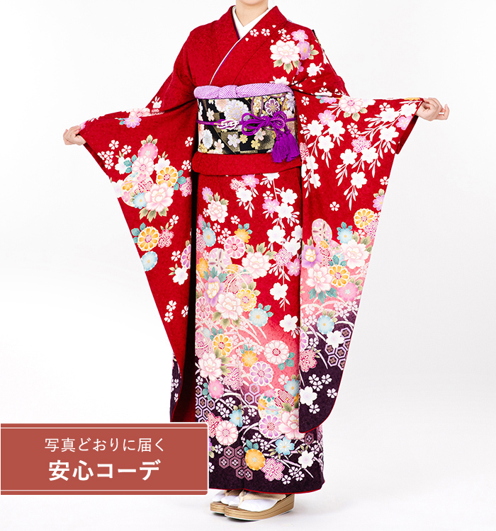 【写真どおりに届く安心コーデ】振袖レンタル　振袖LLサイズ　鞠に露芝草花　赤