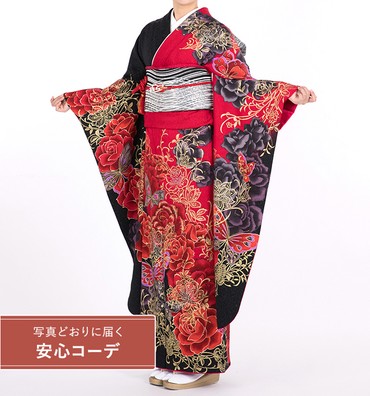 【写真どおりに届く安心コーデ】振袖レンタル　振袖LLサイズ　薔薇に蝶　黒赤
