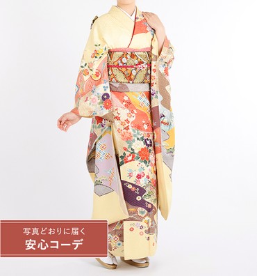 【写真どおりに届く安心コーデ】振袖レンタル　振袖LLサイズ　元禄紋様四季花文　クリーム