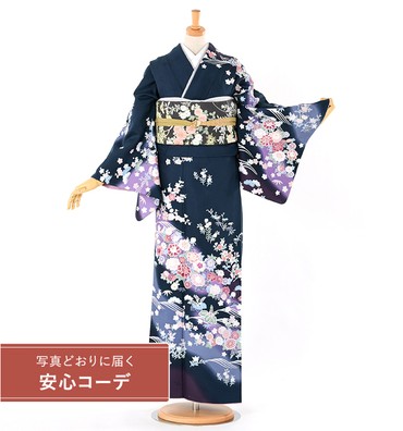 【写真どおりに届く安心コーデ】訪問着レンタル　訪問着Lサイズ　ブランド：H・L　波に草花文　濃紺