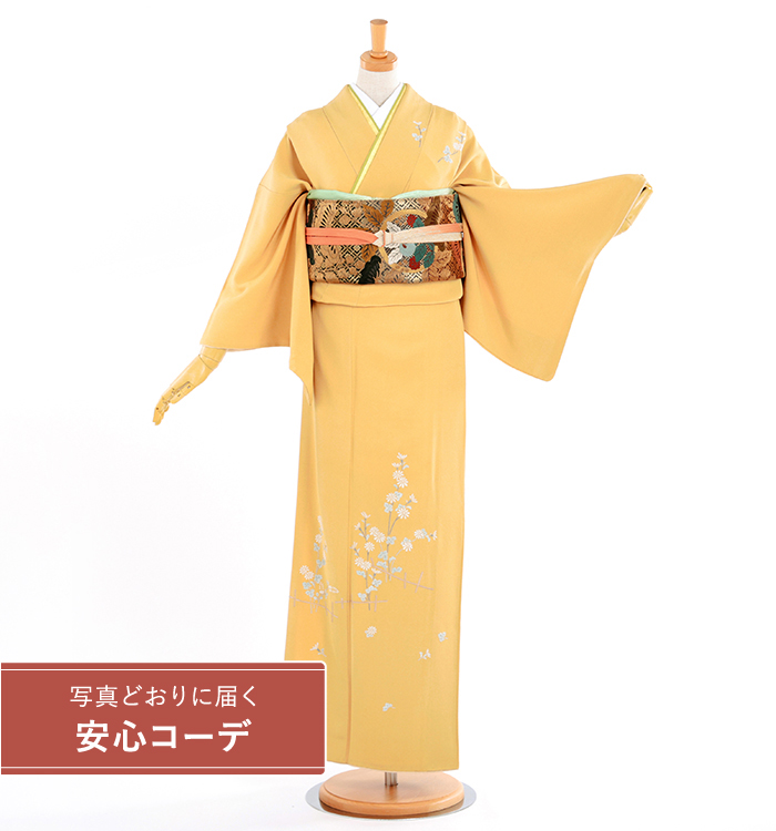 【写真どおりに届く安心コーデ】訪問着レンタル　訪問着Lサイズ　京刺繍：森康次　風韻　辛子