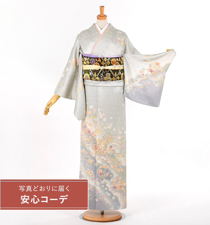 【写真どおりに届く安心コーデ】訪問着レンタル　訪問着MOサイズ　花の丸散らし　薄グレー