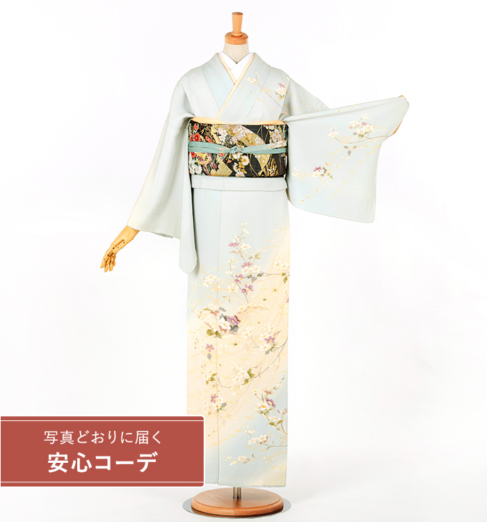【写真どおりに届く安心コーデ】訪問着レンタル　訪問着Lサイズ　草花文　水色