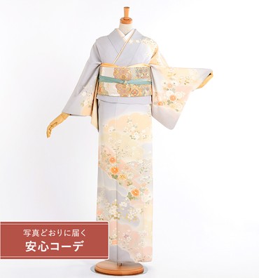 【写真どおりに届く安心コーデ】訪問着レンタル　訪問着Lサイズ　京友禅：雲取草花文　水色グレー