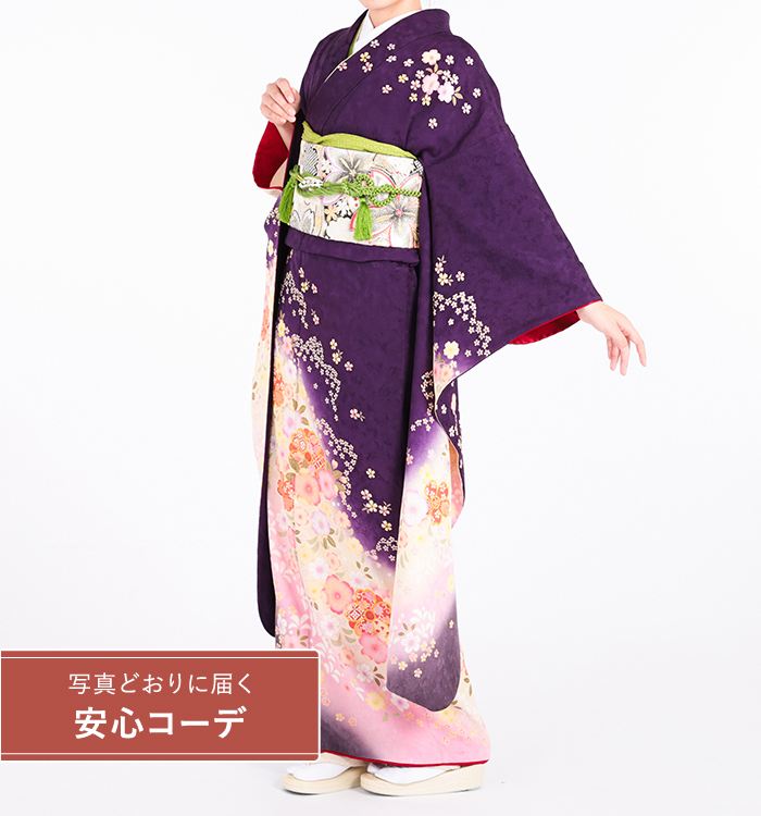 【写真どおりに届く安心コーデ】振袖レンタル　振袖LLOサイズ　桜　濃紫