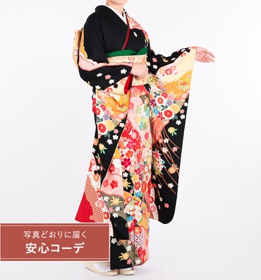 【写真どおりに届く安心コーデ】振袖レンタル　振袖LLOサイズ　吉祥大雪輪薬玉文　黒