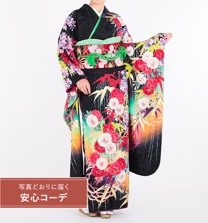 【写真どおりに届く安心コーデ】振袖レンタル　振袖LLOサイズ　ブランド：MERCURYDUO　花の饗宴　黒