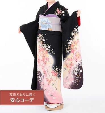 【写真どおりに届く安心コーデ】振袖レンタル　振袖MOサイズ　鞠桜文　黒/ピンク