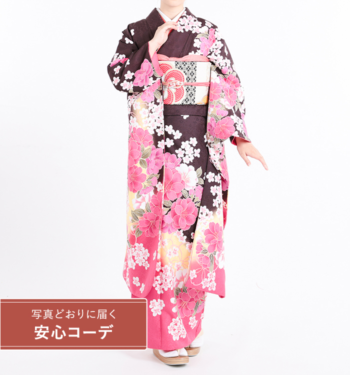 【写真どおりに届く安心コーデ】振袖レンタル　振袖Mサイズ　ブランド：H・L（アッシュエル）桜　濃茶/ピンク