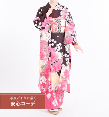 【写真どおりに届く安心コーデ】振袖レンタル　振袖Mサイズ　ブランド：H・L（アッシュエル）桜　濃茶/ピンク