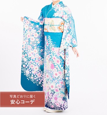 【写真どおりに届く安心コーデ】振袖レンタル　振袖Lサイズ　絞り　辻が花　ブルー