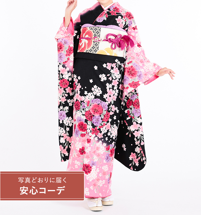【写真どおりに届く安心コーデ】振袖レンタル　振袖Mサイズ　ブランド：H・L（アッシュエル）桜　黒/ピンク　