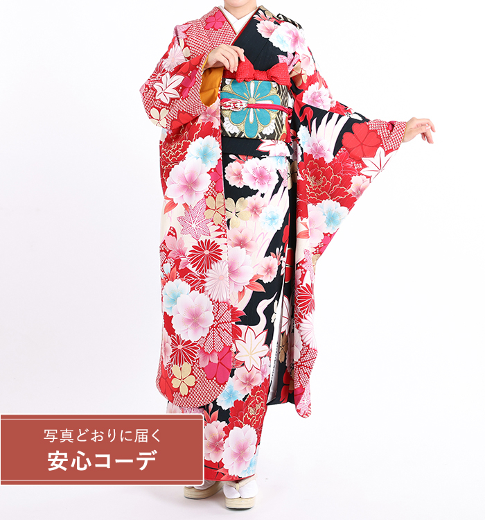 【写真どおりに届く安心コーデ】振袖レンタル　振袖Mサイズ　ブランド：JAPANSTYLE　桜楓に鶴の舞　赤/黒