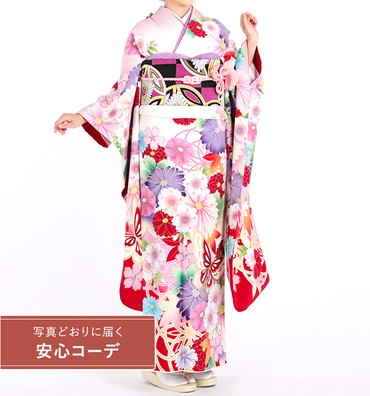 【写真どおりに届く安心コーデ】振袖レンタル　振袖Mサイズ　ブランド：JAPANSTYLE　菊桜に蝶の舞　白/赤