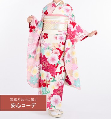 【写真どおりに届く安心コーデ】振袖レンタル　振袖Mサイズ　ブランド：JAPANSTYLE　桜楓に鶴の舞　ピンク