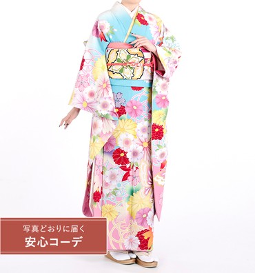 【写真どおりに届く安心コーデ】振袖レンタル　振袖Mサイズ　ブランド：JAPANSTYLE　菊桜蝶の舞　水色/黄クリーム