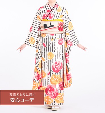 【写真どおりに届く安心コーデ】振袖レンタル　振袖Mサイズ　ブランド：tsumori chisato　よろけ縞薔薇　クリームオレンジ