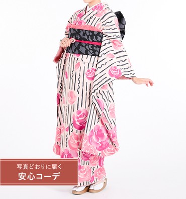 【写真どおりに届く安心コーデ】振袖レンタル　振袖Mサイズ　ブランド：tsumori chisato　よろけ縞に薔薇　ピンク