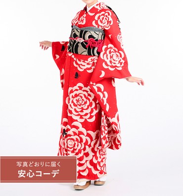 【写真どおりに届く安心コーデ】振袖レンタル　振袖Mサイズ　ブランド：tsumori chisato　薔薇蝶　赤/ピンク