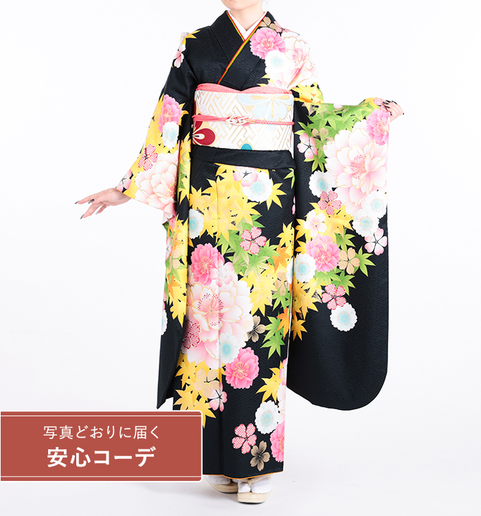 【写真どおりに届く安心コーデ】振袖レンタル　振袖Mサイズ　ブランド：JAPANSTYLE　彩り春秋花図　黒