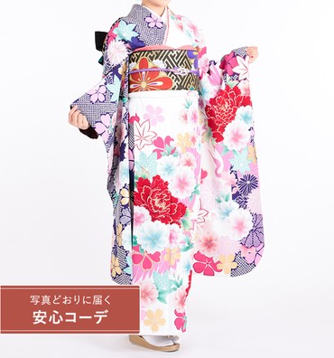 【写真どおりに届く安心コーデ】振袖レンタル　振袖Mサイズ　ブランド：JAPANSTYLE　桜楓に鶴の舞　白/紫