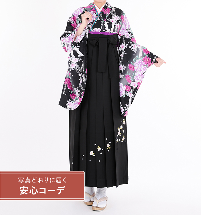 卒業式袴レンタル　小振袖Mサイズ＋袴セット　熨斗に四季花　黒グレー