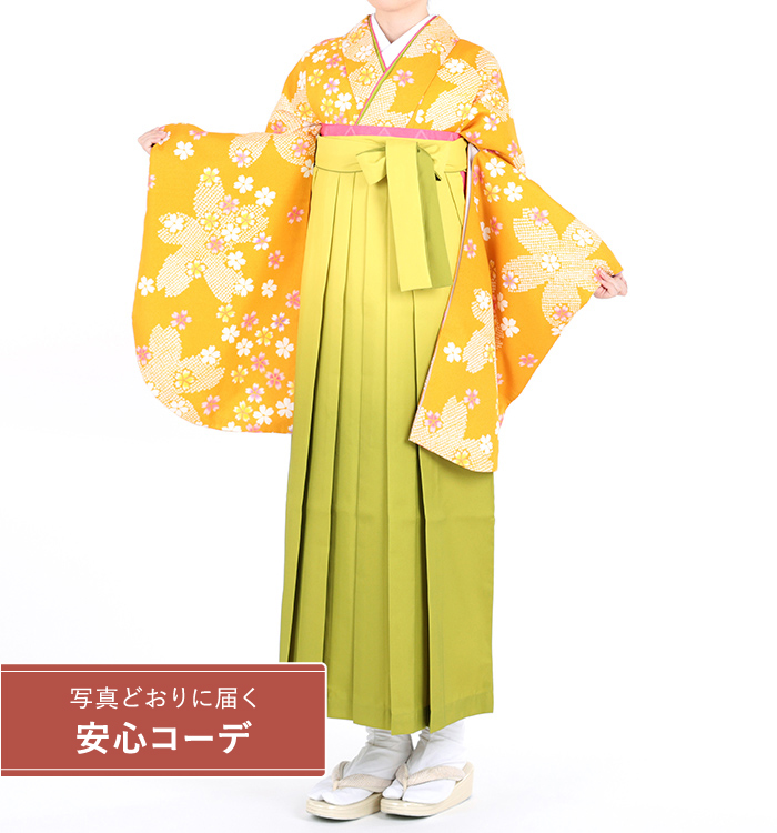 卒業式袴レンタル　小振袖Mサイズ＋袴セット　桜　山吹色
