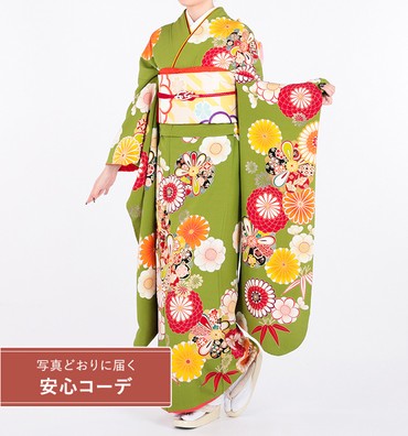 【写真どおりに届く安心コーデ】振袖レンタル　振袖Lサイズ　まんまる菊梅　抹茶色