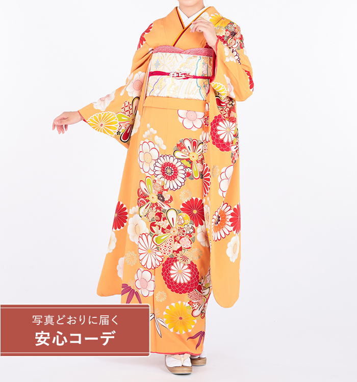 【写真どおりに届く安心コーデ】振袖レンタル　振袖Lサイズ　まんまる菊梅　オレンジ