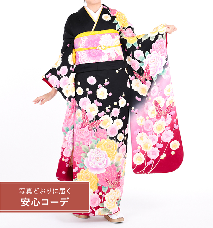 【写真どおりに届く安心コーデ】振袖レンタル　振袖LOサイズ　ブランド：LENA FUJII　バラ園　黒/ピンク