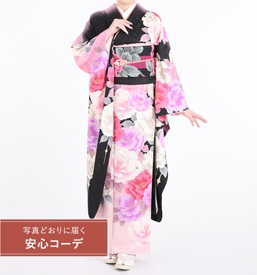 【写真どおりに届く安心コーデ】振袖レンタル　振袖LLサイズ　ブランド：SEIKO MATSUDA　薔薇　黒