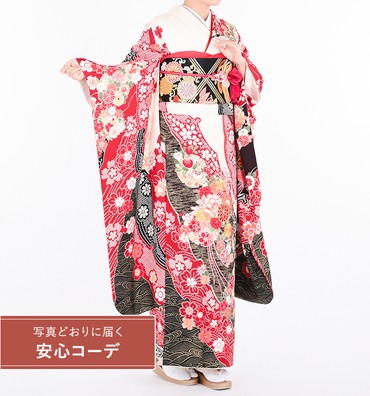 【写真どおりに届く安心コーデ】振袖レンタル　振袖LLサイズ　絞り風　雪輪薬玉桜吹雪文　白赤