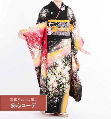 【写真どおりに届く安心コーデ】振袖レンタル　振袖Mサイズ　絞り　桜藤　黒