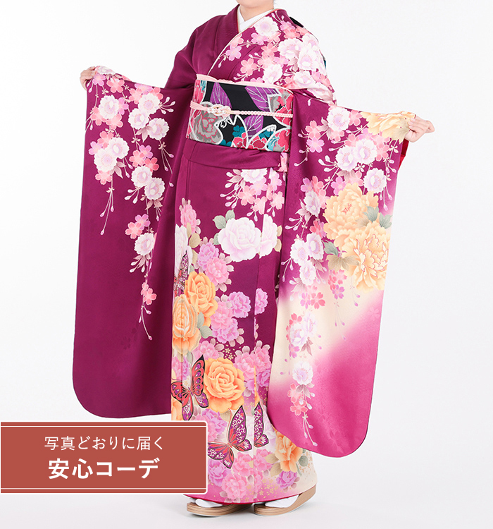 【写真どおりに届く安心コーデ】振袖レンタル　振袖LOサイズ　薔薇に蝶　赤紫