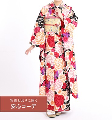 【写真どおりに届く安心コーデ】振袖レンタル　振袖Lサイズ　ブランド：NICOLE　薔薇蝶　黒/赤