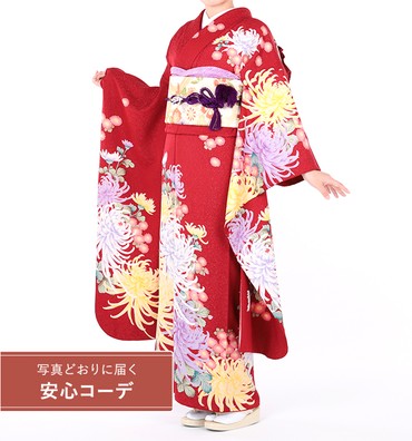 【写真どおりに届く安心コーデ】振袖レンタル　振袖LLOサイズ　大菊　濃赤