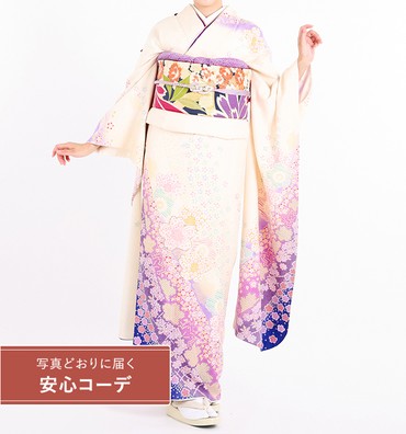 【写真どおりに届く安心コーデ】振袖レンタル　振袖Mサイズ　小花桜　白/紫
