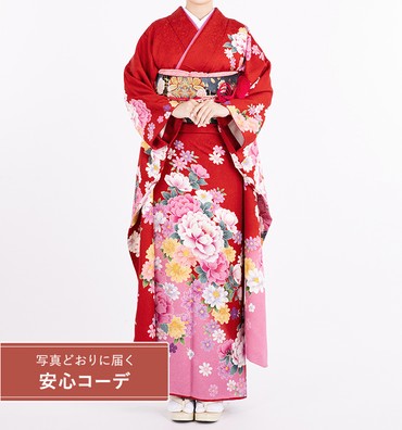【写真どおりに届く安心コーデ】振袖レンタル　振袖Lサイズ　菊と牡丹　赤