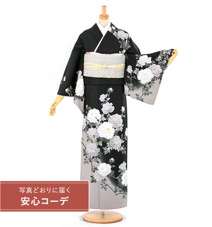 【写真どおりに届く安心コーデ】訪問着レンタル　訪問着Lサイズ　ブランド：H・L　百花牡丹　黒/グレー